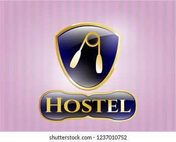  Gold badge with hand gripper icon and Hostel text inside