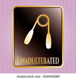 Gold badge with hand gripper icon and Unadulterated text inside