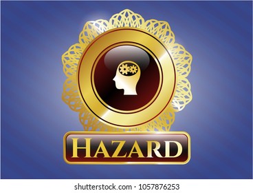  Gold badge with head with gears inside icon and Hazard text inside