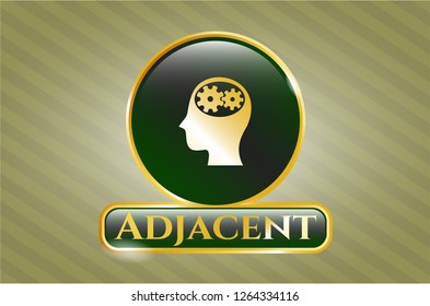  Gold badge with head with gears inside icon and Adjacent text inside