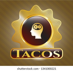  Gold badge with head with gears inside icon and Tacos text inside