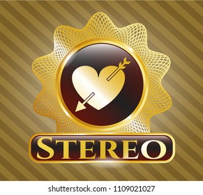   Gold badge with heart with arrow icon and Stereo text inside