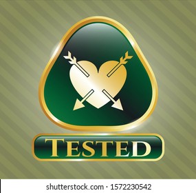  Gold badge with heart with two arrows icon and Tested text inside