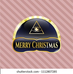   Gold badge with illuminati pyramid icon and Merry Christmas text inside