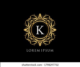 Gold Badge K Letter Logo. Luxury calligraphic vintage emblem with beautiful classy floral ornament. Vintage Frame design Vector illustration.