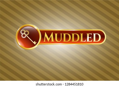  Gold badge with key icon and Muddled text inside