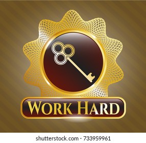  Gold badge with key icon and Work Hard text inside