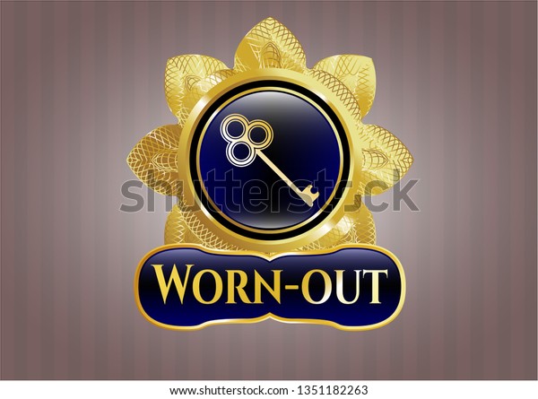  Gold\
badge with key icon and Worn-out text\
inside