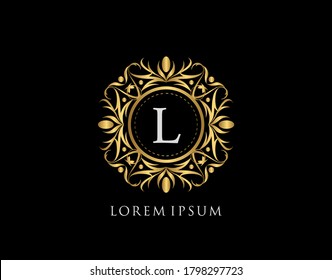 Gold Badge L Letter Logo. Luxury calligraphic vintage emblem with beautiful classy floral ornament. Vintage Frame design Vector illustration.