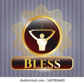  Gold badge with lat pull down, exercise icon and Bless text inside