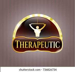  Gold badge with lat pull down, exercise icon and Therapeutic text inside
