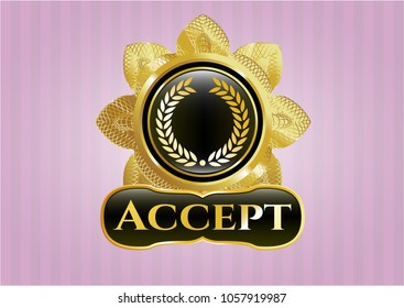  Gold badge with laurel wreath icon and Accept text inside