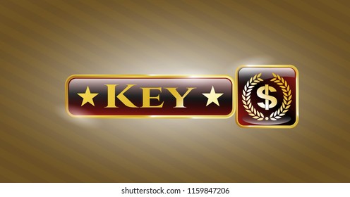  Gold badge with laurel wreath with money symbol inside icon and Key text inside