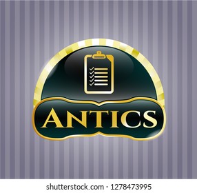  Gold badge with list icon and Antics text inside