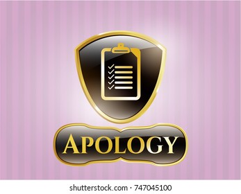  Gold badge with list icon and Apology text inside
