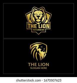 Gold badge logo with head lion king shield line illustration vector design template suitable for sport training club coaching guard luxury animal strength icon wildlife