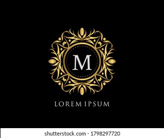 Gold Badge M Letter Logo. Luxury calligraphic vintage emblem with beautiful classy floral ornament. Vintage Frame design Vector illustration.