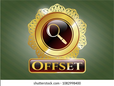   Gold badge with magnifying glass icon and Offset text inside