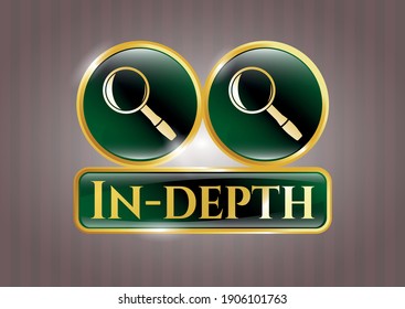 Gold badge with magnifying glass icon and In-depth text inside