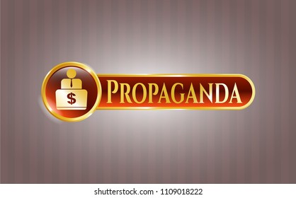   Gold badge with man working on computer icon and Propaganda text inside