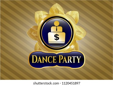  Gold badge with man working on computer icon and Dance Party text inside