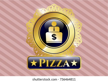  Gold badge with man working on computer icon and Pizza text inside