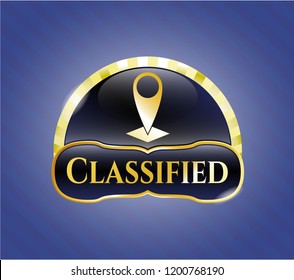  Gold badge with map pointer icon and Classified text inside