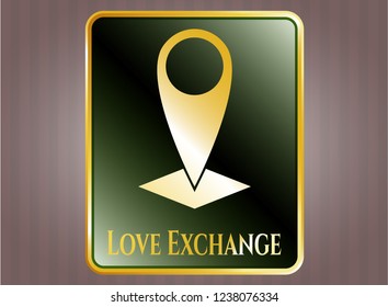  Gold badge with map pointer icon and Love Exchange text inside