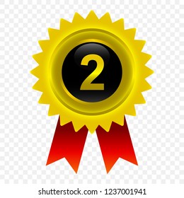 Gold Badge Medal Number Two Icon with Two Red Ribbons Vector