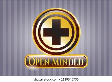  Gold badge with medicine icon and Open Minded text inside