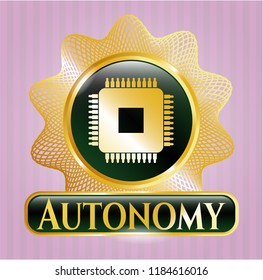  Gold badge with microchip, microprocessor icon and Autonomy text inside