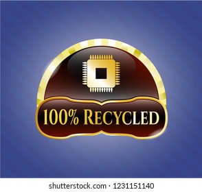  Gold badge with microchip, microprocessor icon and 100% Recycled text inside