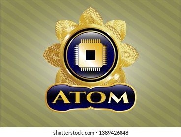  Gold badge with microchip, microprocessor icon and Atom text inside