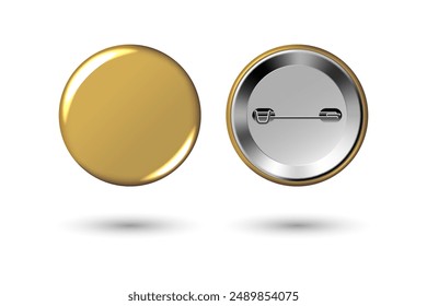 Gold badge mockup. Round badge button brooch. Realistic golden blank glossy round button badge pin with metal back cover. Vector illustration.