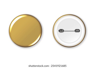 Gold badge mockup. Round badge button brooch. Realistic golden blank glossy round button badge pin with plastic back cover. Vector illustration.