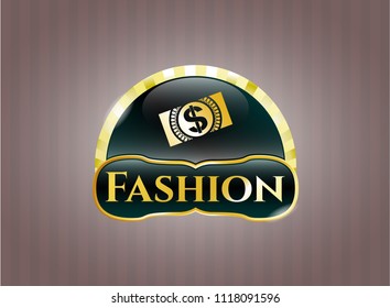  Gold badge with money, dollar bill icon and Fashion text inside