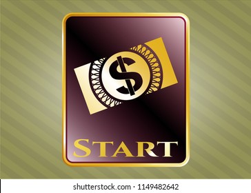  Gold badge with money, dollar bill icon and Start text inside