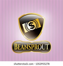  Gold badge with money, dollar bill icon and Beansprout text inside