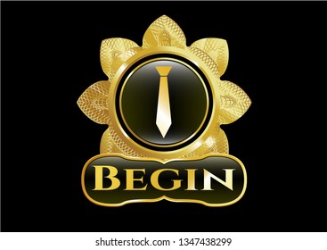  Gold badge with necktie icon and Begin text inside