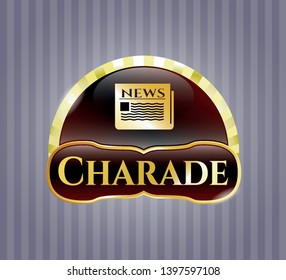  Gold badge with newspaper icon and Charade text inside