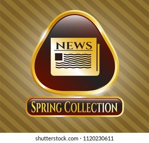  Gold badge with newspaper icon and Spring Collection text inside