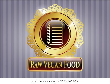  Gold badge with note book icon and Raw Vegan Food text inside