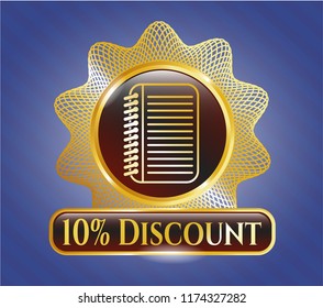 Gold badge with note book icon and 10% Discount text inside