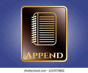  Gold badge with note book icon and Append text inside
