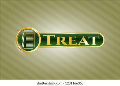  Gold badge with note book icon and Treat text inside