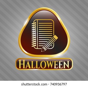  Gold badge with notebook with pencil icon and Halloween text inside