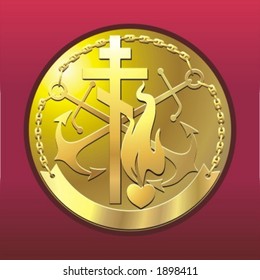 gold badge on red background