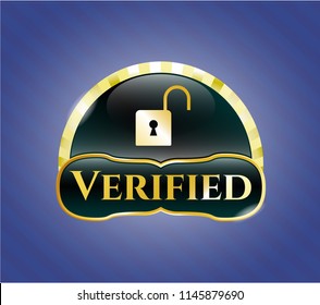  Gold badge with open lock icon and Verified text inside