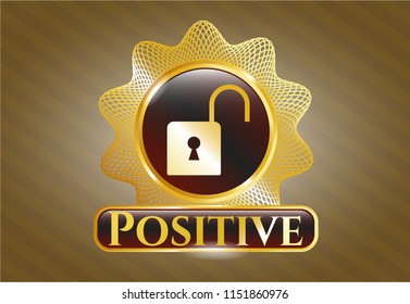  Gold badge with open lock icon and Positive text inside