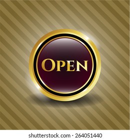 Gold badge with open text inside